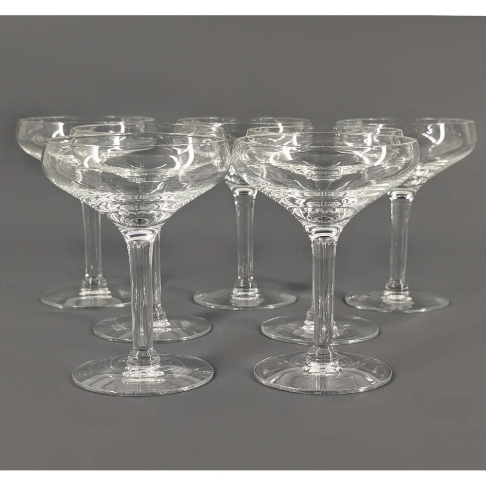 Set of 7 Clear Glass Champagne Coupes Wide Bowl Stemmed Cocktail Glasses